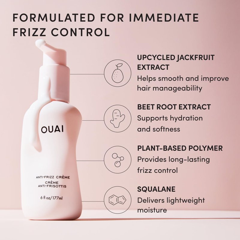 OUAI Anti-Frizz Cream - Moisturizing Hair Cream for Frizz Control & Heat Protection - Hydrating Jackfruit & Beetroot Extract | 6 oz
