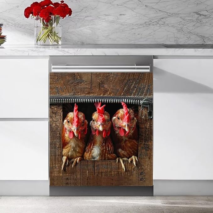 Wood Board and Rooster Wallpaper Dishwasher Magnet Cover Sticker Magnetic Refrigerator Panel Sticker Decorative Front Door Decal 23W x 26H inchs