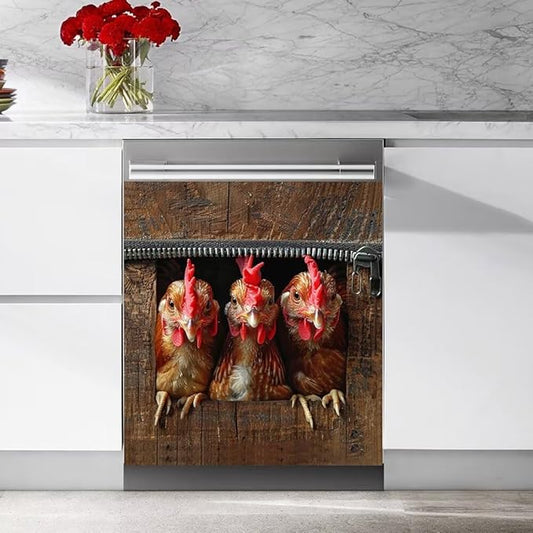 Wood Board and Rooster Wallpaper Dishwasher Magnet Cover Sticker Magnetic Refrigerator Panel Sticker Decorative Front Door Decal 23W x 26H inchs