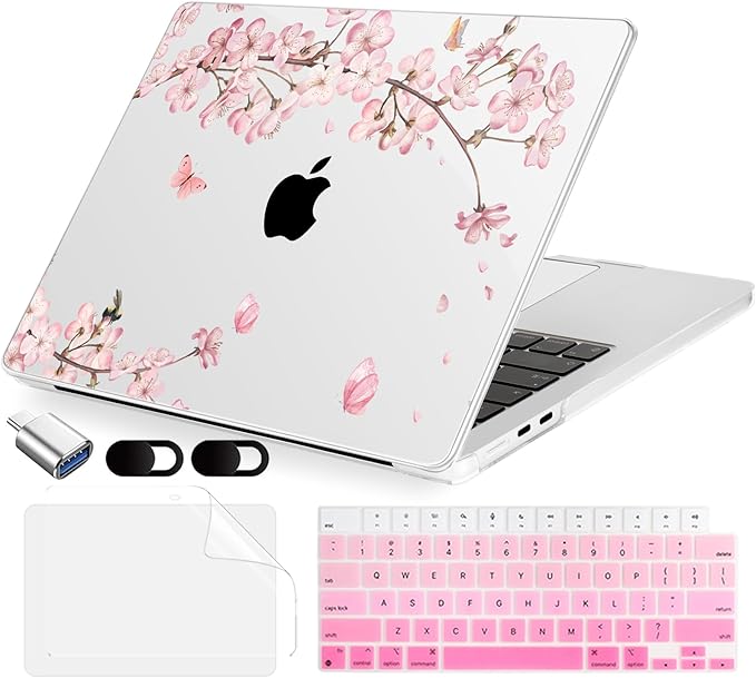 MecBevia Compatible with 2026 M5 MacBook Air 13 inch Case 2026 2025 2024-2022 M5 A3449 M4 A3240 M3 A3113 M2 A2681, Keyboard Cover, Screen Protector, Webcam Cover & Type-C OTG, Butterflies Sakura