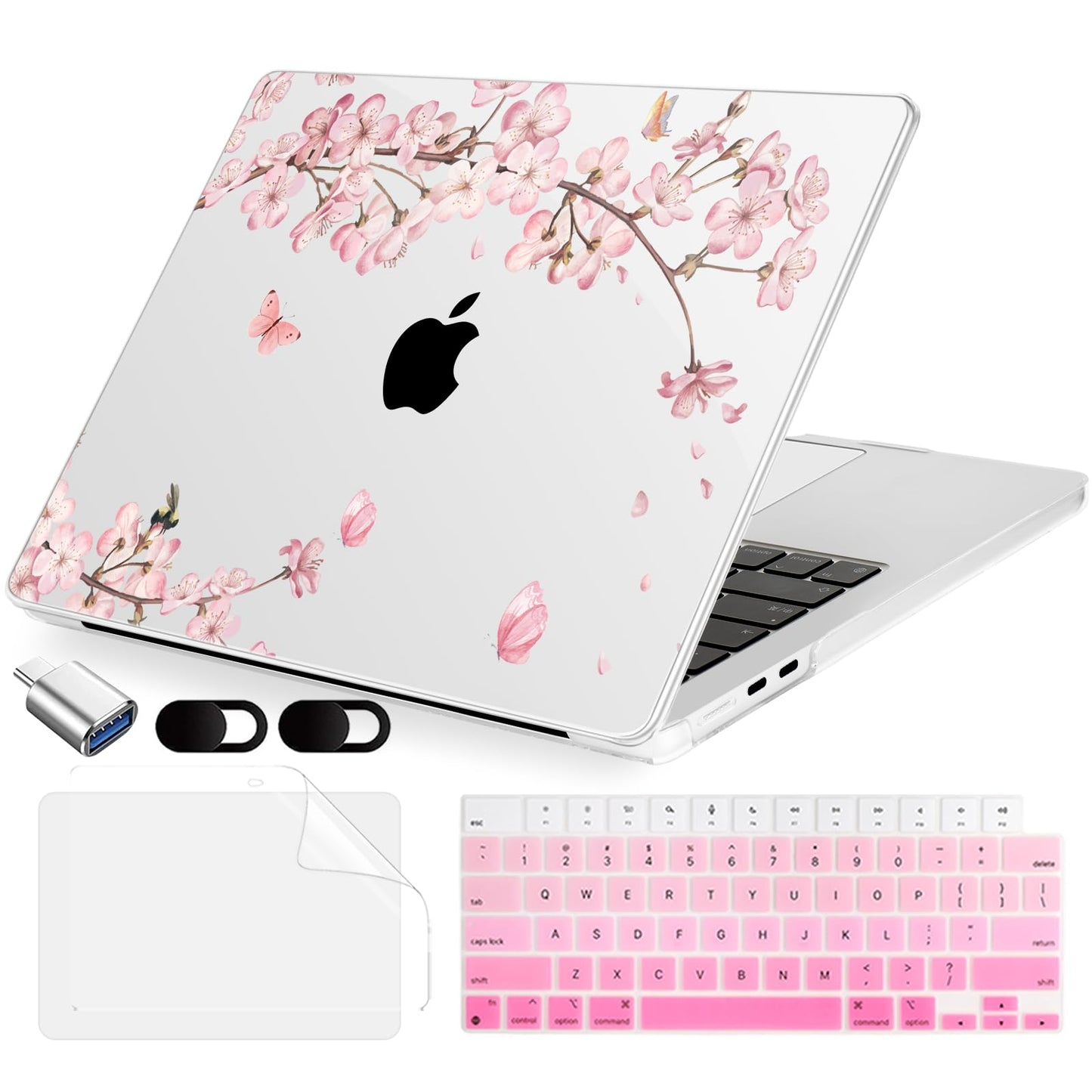 MecBevia Compatible with 2026 M5 MacBook Air 15 inch Case, 2026 2025-2023 M5 A3448 M4 A3241 M3 A3114 M2 A2941, Keyboard Cover, Screen Protector, Webcam Cover & Type-C OTG, Butterflies Sakura