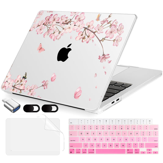 MecBevia Compatible with 2026 M5 MacBook Air 15 inch Case, 2026 2025-2023 M5 A3448 M4 A3241 M3 A3114 M2 A2941, Keyboard Cover, Screen Protector, Webcam Cover & Type-C OTG, Butterflies Sakura