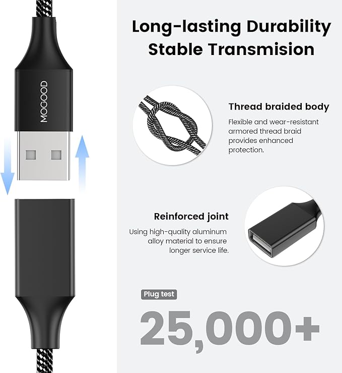 USB Extension Cable,USB A Male to 2 Female Extension Cord Durable USB Splitter Cable Nylon Braided Fast Data Transfer Compatible with Printer, USB Keyboard, Flash Drive, Hard Drive, Playstation