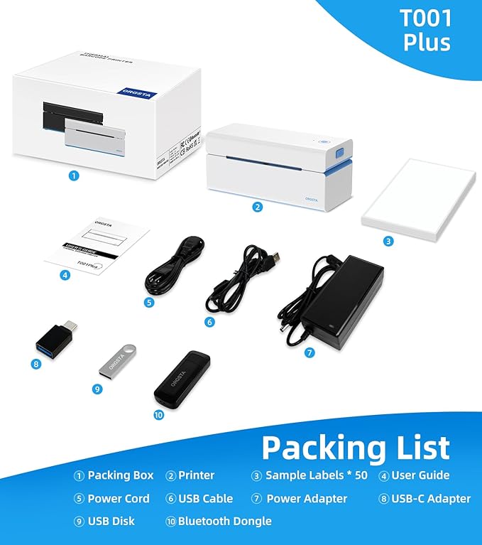ORGSTA Bluetooth Thermal Shipping Label Printer: Wireless Computer Connection with Bluetooth Dongle, 4x6 Label Maker for Small Business, Compatible with iPhone, Android, Windows, Mac, Linux & Shopify