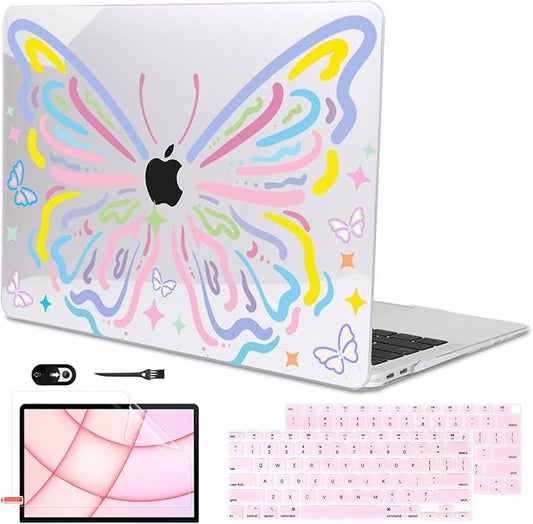 LCMOCICO for MacBook Air 13 inch Case 2021 2020 2019 2018 for Mac A2337 M1 A2179 A1932 Cover with Touch ID, Crystal Pattern Plastic Hard Shell Case Keyboard Skin Screen Protector, Colorful Butterfly