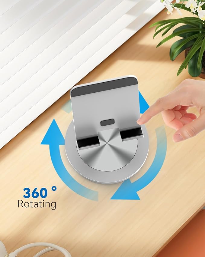 YCNEW Phone Stand for Desk, 360° Rotating Dual Adjustable Foldable Holder, Heavy Solid All-Aluminum Base Anti-Slip Stable Support for Home Office Study, Fits iPhone Galaxy 4-8" Phones (Silver)