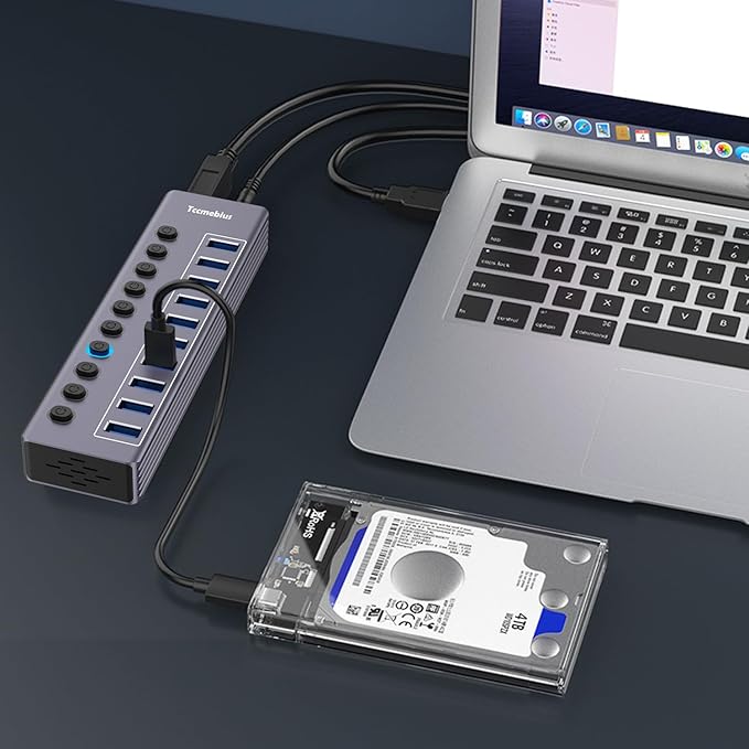 Tccmebius Powered 10-Port USB 3.0 Hub, USB C to 10 Ports USB Data Hub Splitter with Individual LED On/Off Switche, 3.3FT Cable, 12V/3A Power Adapter, for Laptop MacBook Pro/Air PC (Aluminum Gary)