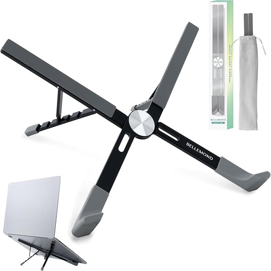 BELLEMOND Foldable Portable Laptop Stand | Ultralight Travel Riser | X-Frame Adjustable Aluminum | Fits MacBook, Dell, HP, Lenovo 10-17.3" | Carry Pouch | Midnight Black