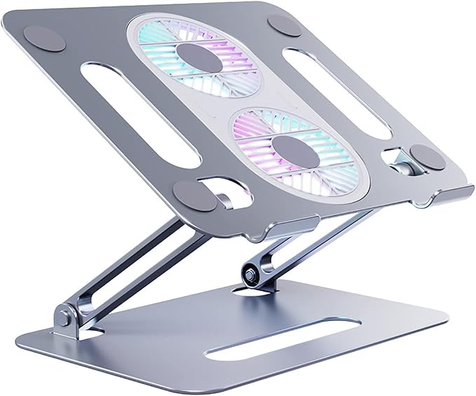 Eiyikof Aluminum Alloy Adjustable Laptop Stand Laptop Cooling Pad with Fan USB Hub Compatible with 10" to 15" Inches Notebook Computer-Grey