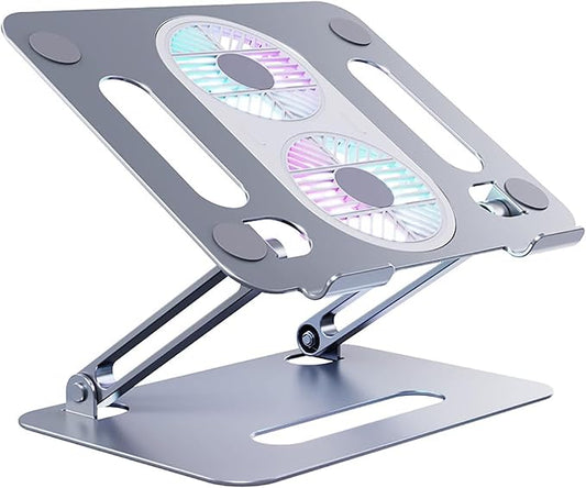 Eiyikof Aluminum Alloy Adjustable Laptop Stand Laptop Cooling Pad with Fan USB Hub Compatible with 10" to 15" Inches Notebook Computer-Grey