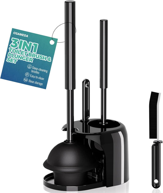 Regine Switzerland 3-in-1 Toilet Brush and Plunger Set - Extra Long Handle with Crevice Cleaner | Black