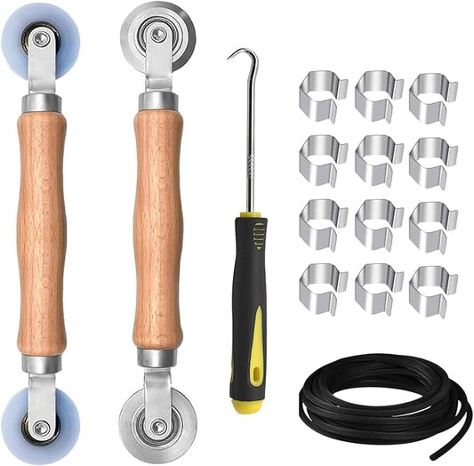 BAYTORY Upgrade Window Screen Repair Kit, Steel/Nylon Roller Tool with Bearing, Spline Removal Hook, 32ft Retainer Spline and 12pcs Screen Clips Replacement for Installing Door Mesh Screens