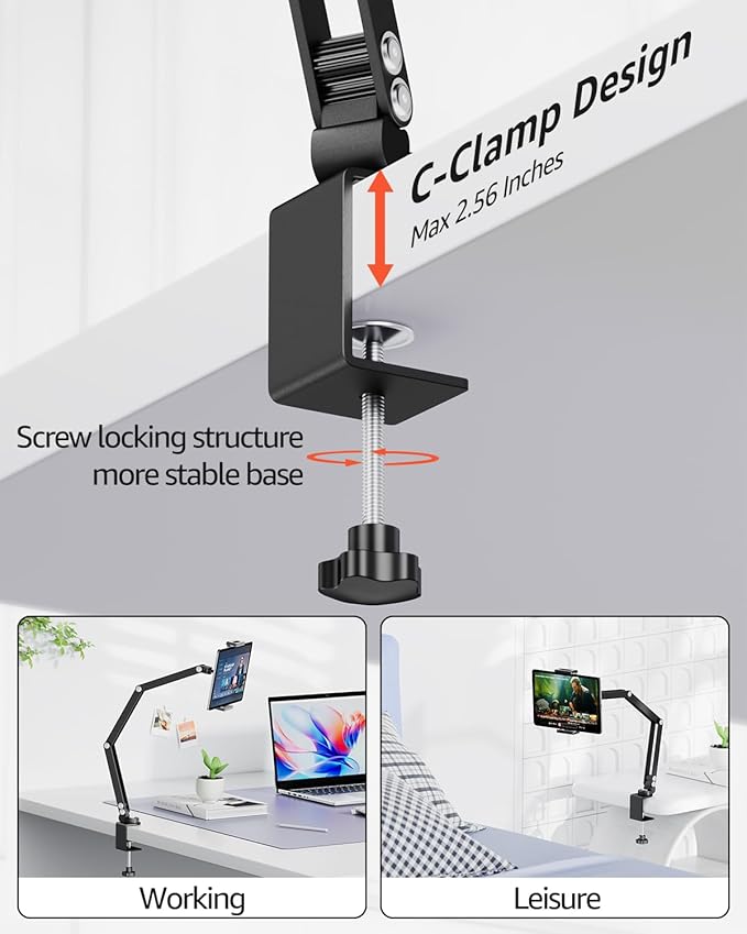 Urmust iPad Holder for Desk & Bed, Adjustable Foldable Tablet Arm iPad Holder Clamp Mount, 360° Rotation, Fits iPad Pro/Air/Mini, iPhone, Portable Monitor 4.7"–15.6" Device, Gifts for Tech Lovers