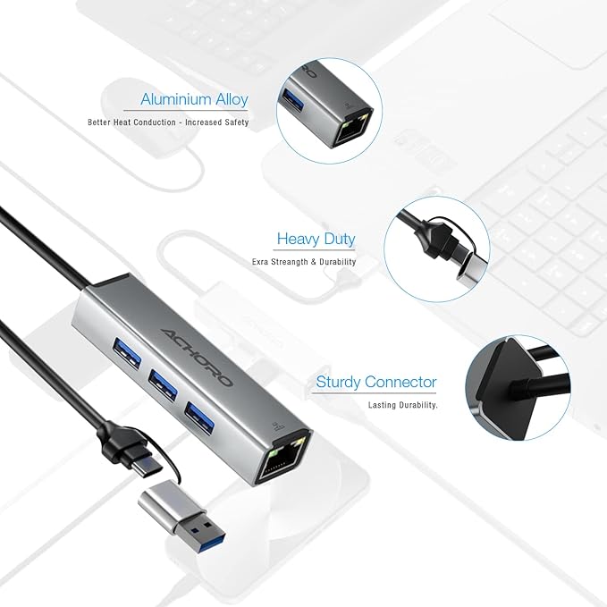 ACHORO Multi-Function USB to Ethernet Adapter with LAN – Built-in USB A & USB C, Extra 3 USB Connections with RJ45, Aluminum Alloy, for PC & Mac (LAN & USB Ports)