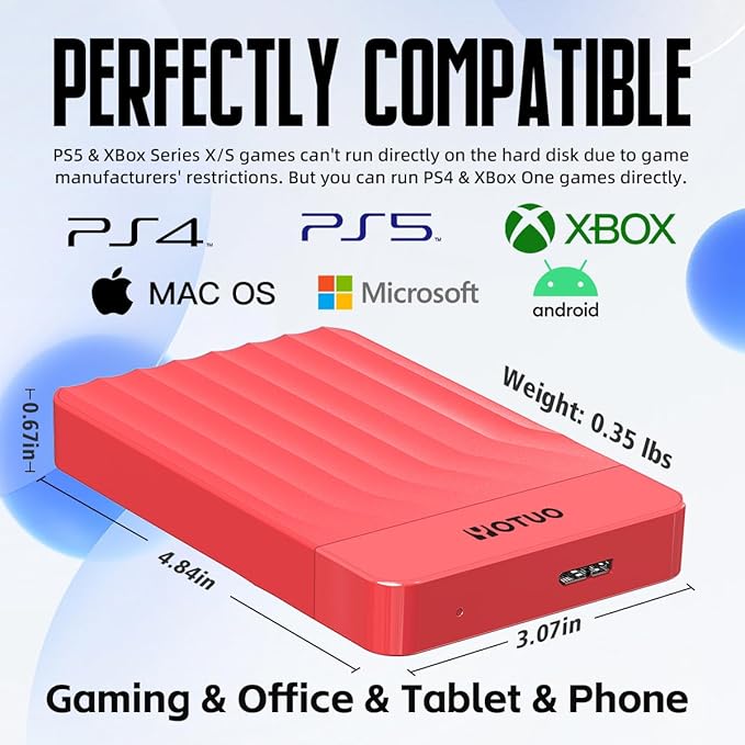 YOTUO Portable External Hard Drive Storage Expansion Mobile HDD USB 3.0 for PC, Mac, Desktop, Laptop, PS4, PS5, Xbox One X/S, Xbox 360, Xbox Series X/S, Office & Game (Red, 1TB)