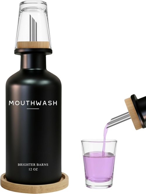 Brighter Barns Black Glass Mouthwash Dispenser - Modern Bathroom Decor for Home, Gym, or Office