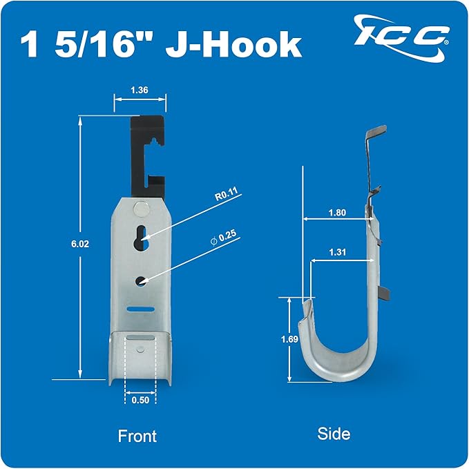 ICC Batwing J Hook 1-5/16” Without Retainer Clip - Galvanized Steel Cable Management Hooks for Hanging Cable to Hanger Wire and Threaded Rod - Rust-Resistant, EIA and TIA Compliant, 1-5/16 in 25 Pack