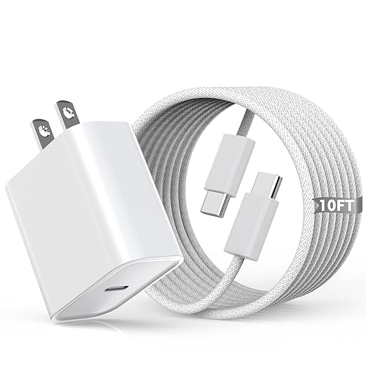 10FT Woven Cable for Apple 17 16 15, 60W 10Foot USB C to Type C Braided Charger Cable Cord & 20W USB C Charger Block Cube Travel Plug Super Quick Charging for iPhone 17 16 15/Plus/Pro/Pro Max,iPad Pro