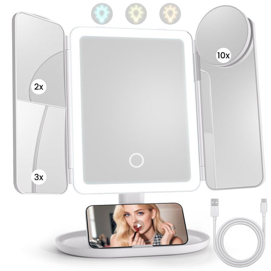 Lighted Makeup Vanity Mirror, Height Adjustable Trifold Mirror with Seamless Light Strip, 1X/2X/3X/10X Magnification, 2000mAh Rechargeable Desk Mirror, Dimmable 3 Color Lighting, Gifts for Mom Women