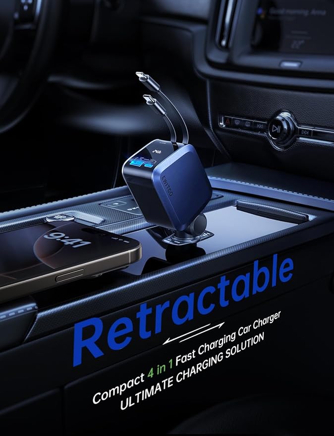 EWITGO Retractable Car Charger, Car Accessories, 72W Fast Charging USB C Car Charger with 4FT Retractable Cables and 2 Ports, for iPhone 16 15 14 13 12, Samsung etc Dark Blue