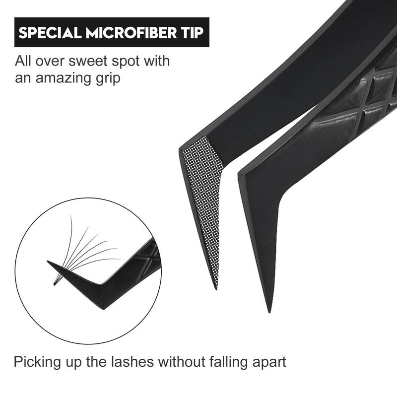 Ms.Queen Lash Tweezers for Eyelash Extensions,Set of 5,Fiber Tip Curved 45 90 Degree and L-Shape Boot Lash Tweezers for Mega Volume & Classic Lashes,Black