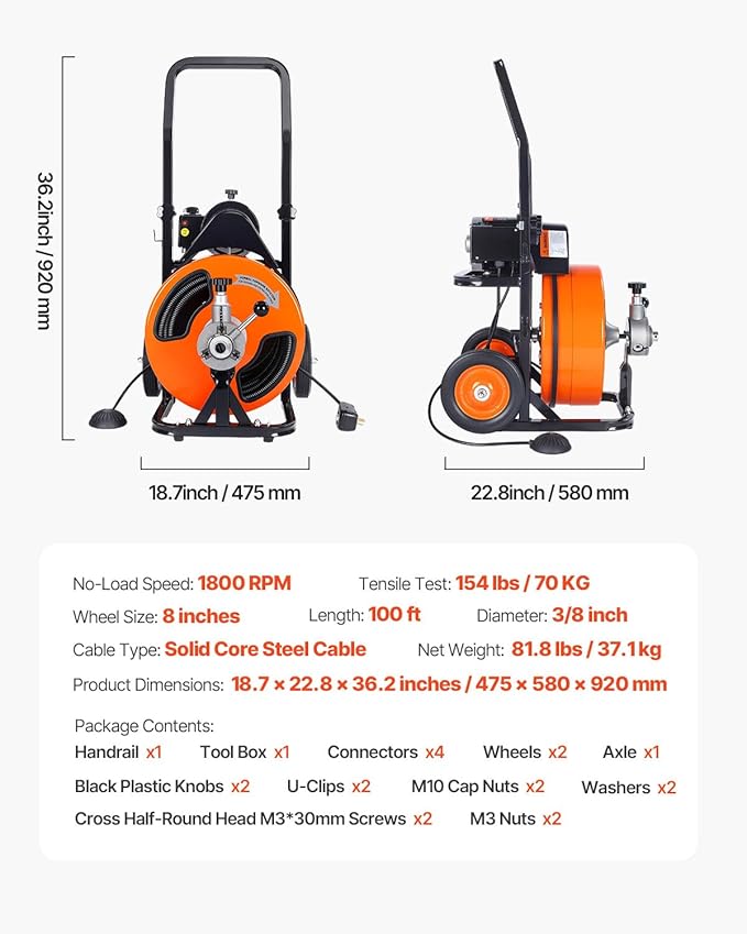 VEVOR Drain Cleaner Machine 100Ft X 3/8Inch, Sewer Snake Machine Auto Feed, Drain Cleaning Machine with 4 Cutter & Air-activated Foot Switch for 2" to 4" Pipes