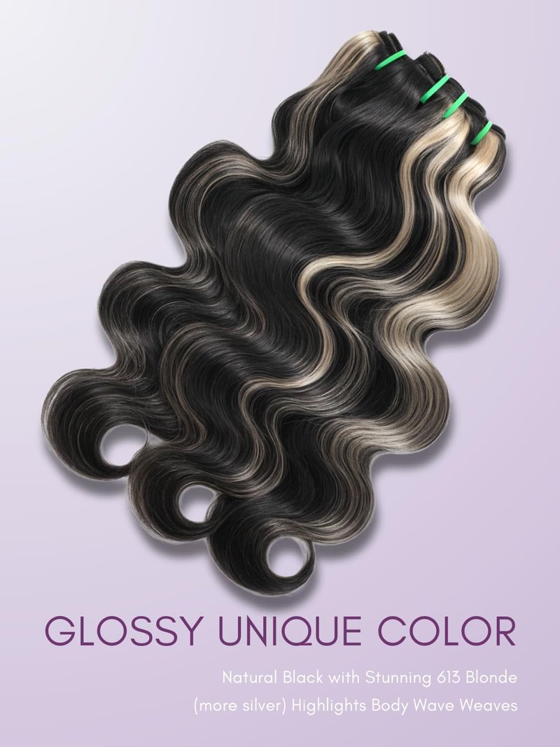 AUROO Platinum Blonde Highlight Black Mix Color Body Wave Human Hair, 100% Brazilian Thick Track Bundles #F1B/613 Ombre Skunk Stripe Balayage Colored Single Bundles Quick Weave Remy 14 In