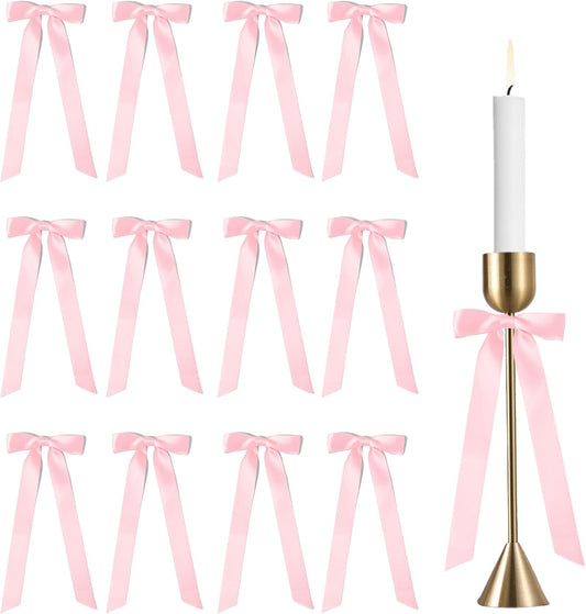 Skiennix 10-Inch Pink Satin Ribbon Bows - 12 Pcs for Gift Wrapping & Wedding Decor