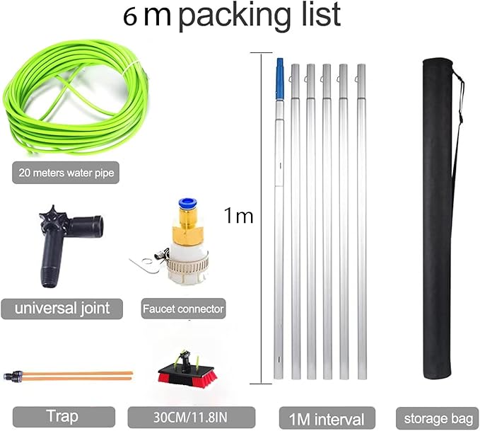 6m/20ft Water Fed Telescopic Window Cleaning Pole Extendable Cleaning Brush, Hose Fed Extendable Extended Window Cleaner Brush Tool Kitï¼30cm Brush 6m Poleï¼