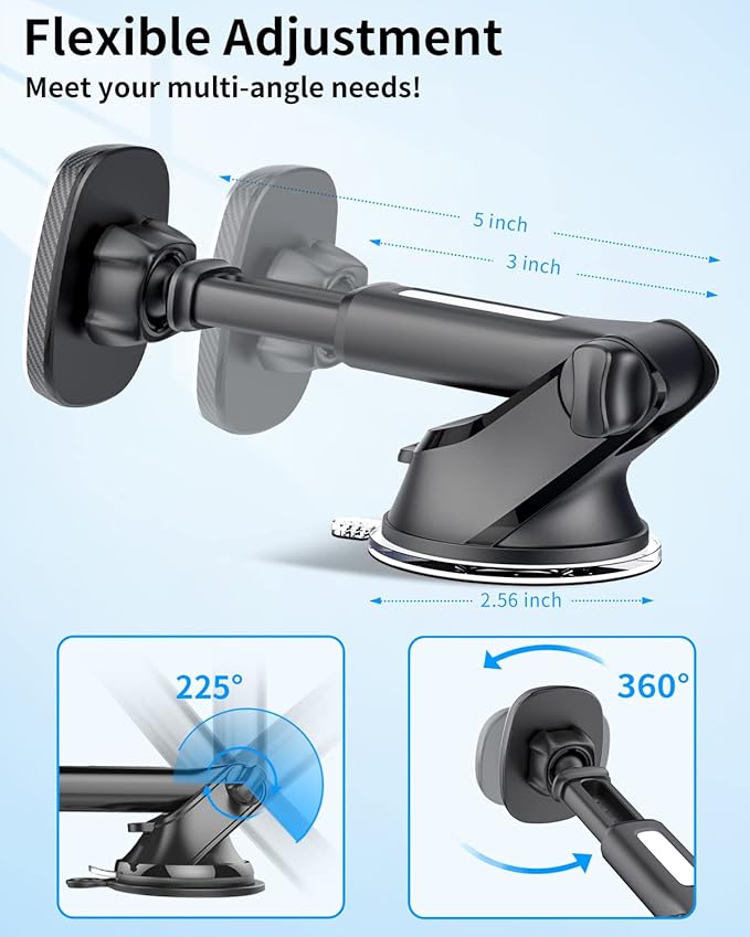 APPS2Car Magnetic Phone Mount, Dashboard Windshield Suction Cup Car Phone Holder Phone Mount with 6 Strong Magnets, Adjustable Telescopic Arm, Compatible with iPhone/Air/Pro/Max/All Smart Phones
