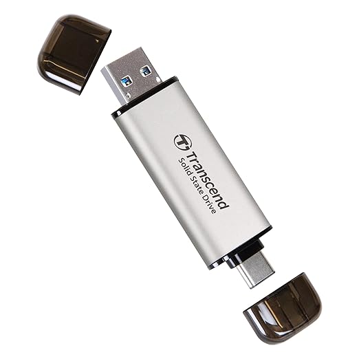 Transcend ESD310 2TB External SSD, Up to 1,050MB/s, Dual USB Drive for iPhone17,16,15, iPad&Mac/Pixel10/Tesla/Steam Deck/ROG Ally/MSI Claw/Android/PS5, 2-in-1 TypeC &A, USB3.2Gen2 Portable SSD-Silver