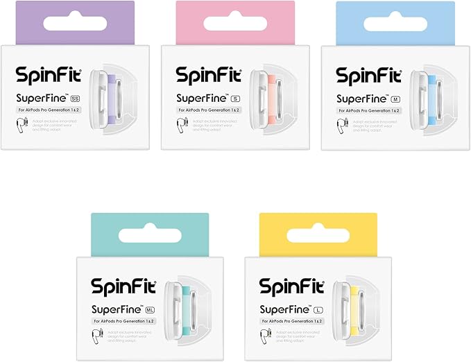 SpinFit SuperFine for AirPods Pro Gen 1 & 2 - ML - Medical Grade Silicone Patented Replacement Ear Tips and Adapters for Supreme Comfort (one Pair)(Ear Tips Installed)