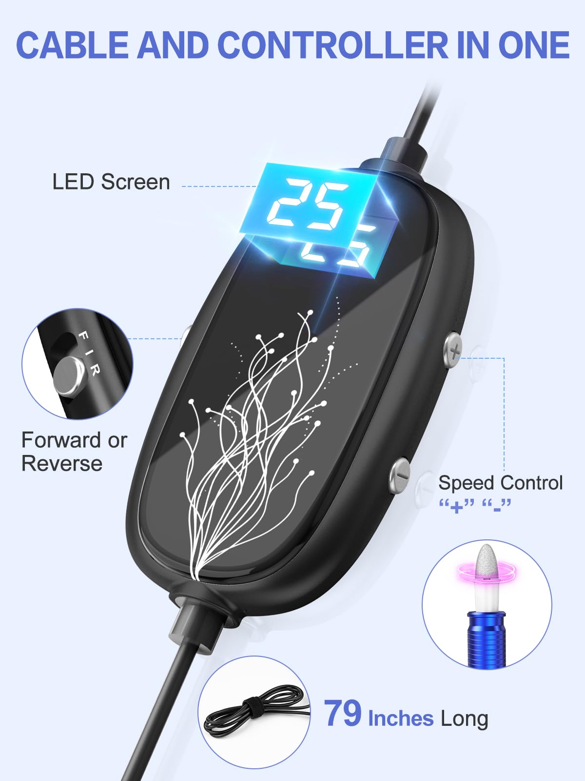 Subay Professional Manicure Pedicure Kit, Electric Nail Drill Set with LED Display, 25000RPM, 11-Piece Attachments Plus 20 Sanding Bands, Nail Grinder Tool for Women Men Baby Pets (Dark Blue)