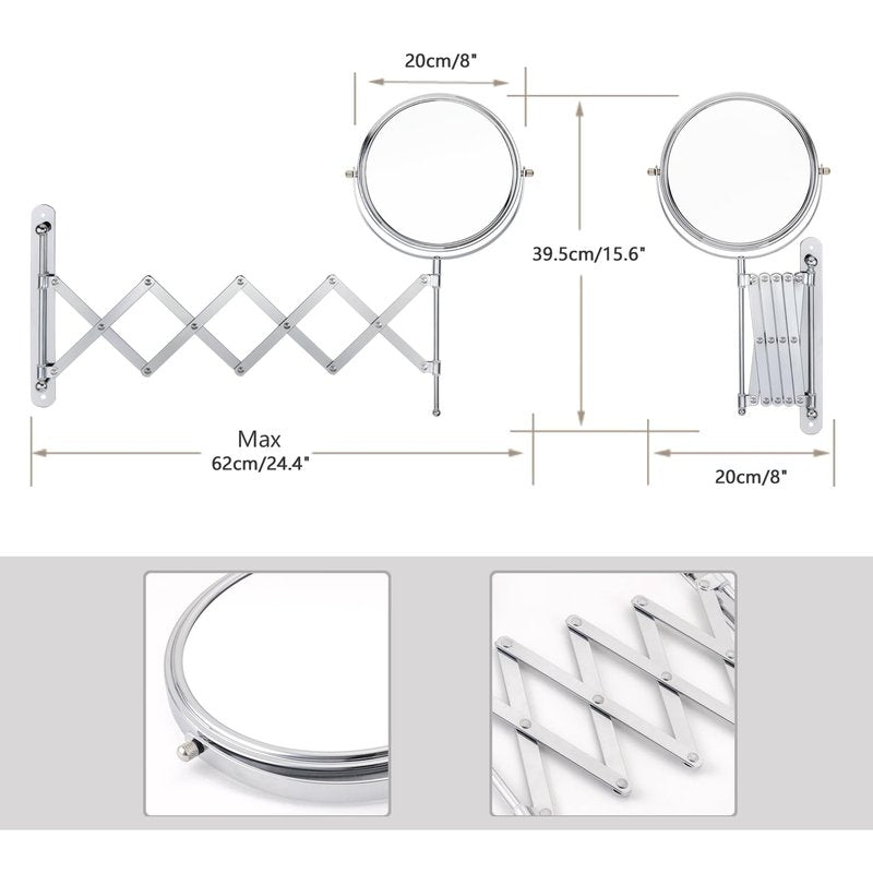 Welllink 8Inch Max Extendable Mirror for Bathroom, Space-Saving Screw Mount, 10X/1X Magnifying Mirror, HD Glass No Distortion Chrome, for Home Cloakroom Gift