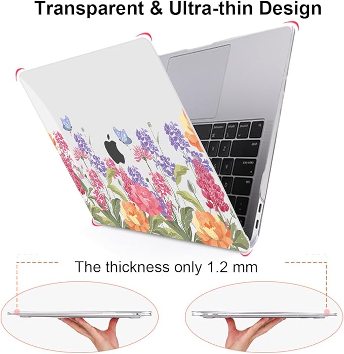 LCMOCICO for MacBook Air 13 inch M1 Case 2021 2020 2019 2018 (Model M1 A2337 A2179 A1932) with Touch ID & Retina Display, Printed Pattern Hard Shell Case Keyboard Cover, Pink & Purple Flowers