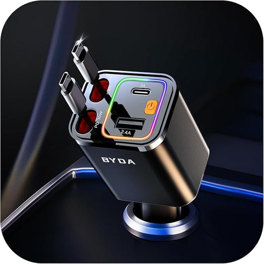 4 in 1 Retractable Car Charger,69W USB-C Fast Car Charger, for iPhone16/15/14/13/12,Cigarette Lighter Charger (Grey, Dual Type C &RGB Breathing Light [Black])