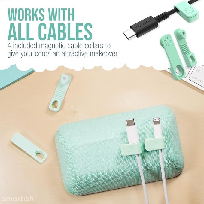 Smartish® Magnetic Cord Holder - Bigger Cable Wrangler Organizer with Magnet Clips for Charger Management on Desktop, Nightstand - Holds 6+ Cables - Teal Me More