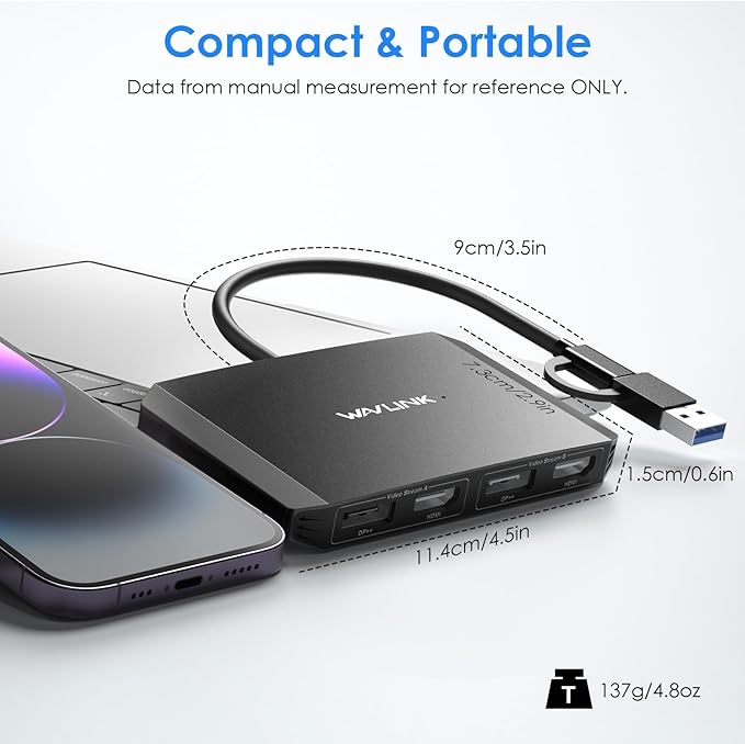 WAVLINK USB C or USB 3.0 to Dual HDMI/DisplayPort Adapter, Displaylink Monitor Splitter Extended Display for Dual Monitor 4K@60Hz, HDMI/DP Splitter Compatible with Mac M1-M5/Neo,Window Laptop-Black