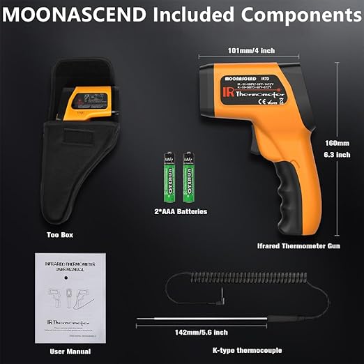 MOONASCEND Infrared Thermometer Gun for Cooking, Non Contact Thermometers Laser Temperature Guns with K-Type Probe, 12:1 Dual-Mode Temp Gun (-58°F to 1472°F), Pizza Oven, BBQ, Home Repairs, HVAC