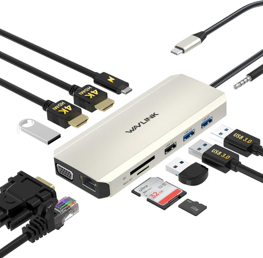 WAVLINK USB C Docking Station Dual Monitor for Dell HP Surface Lenovo Laptop, Triple Display USB-C Hub Multiport Adapter Dongle with 2 HDMI, VGA, Ethernet,100W PD, 5 USB, SD/TF Card Reader,Audio