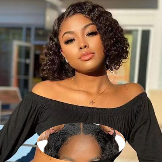 Srakuw Wear and Go Glueless Wigs Human Hair Pre Plucked Pre Cut 4x4 Lace Front Wigs for Black Women for Beginners 180 Density Curly Bob Wig Human Hair (8 Inch)
