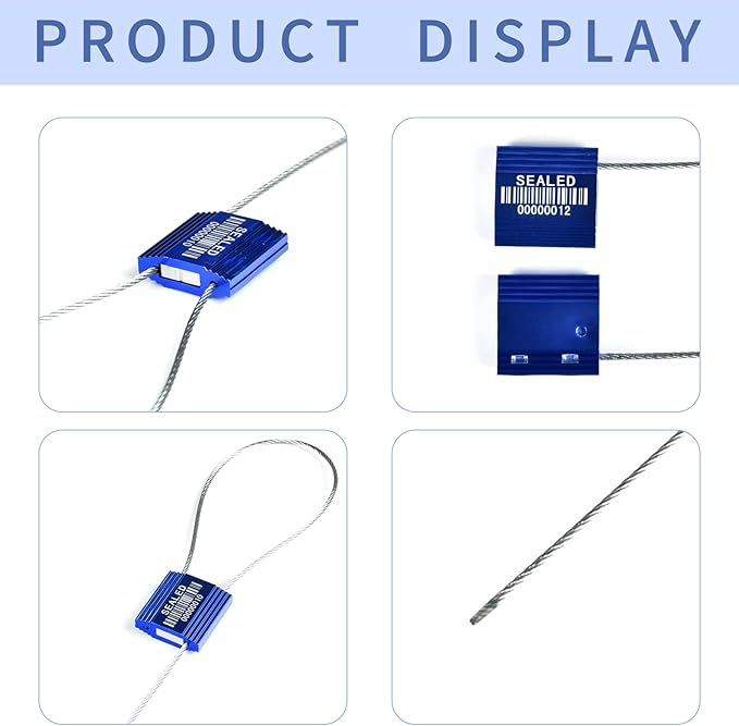LeadSeals 100 Blue Steel Cable Seals with Barcode - High Security Numbered Truck Seals - Anti-Tamper Pull Tite Self-Locking Safety Ties - ISO 17712