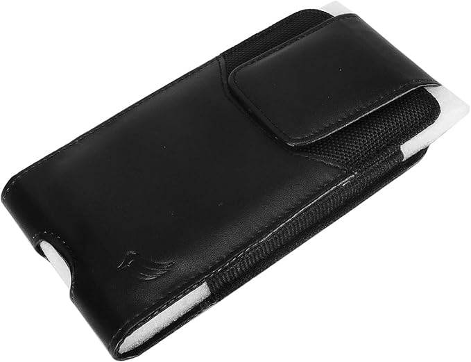 CELZEN Leather Cell Phone Holster for Cricket Debut, Icon, AT&T Radiant Core, Calypso 2, Moto E6, G7 Play, Alcatel Onyx, REVVLRY REVVL2 - Vertical Case Waist Carrying Pouch with Belt Clip/Loops, Black