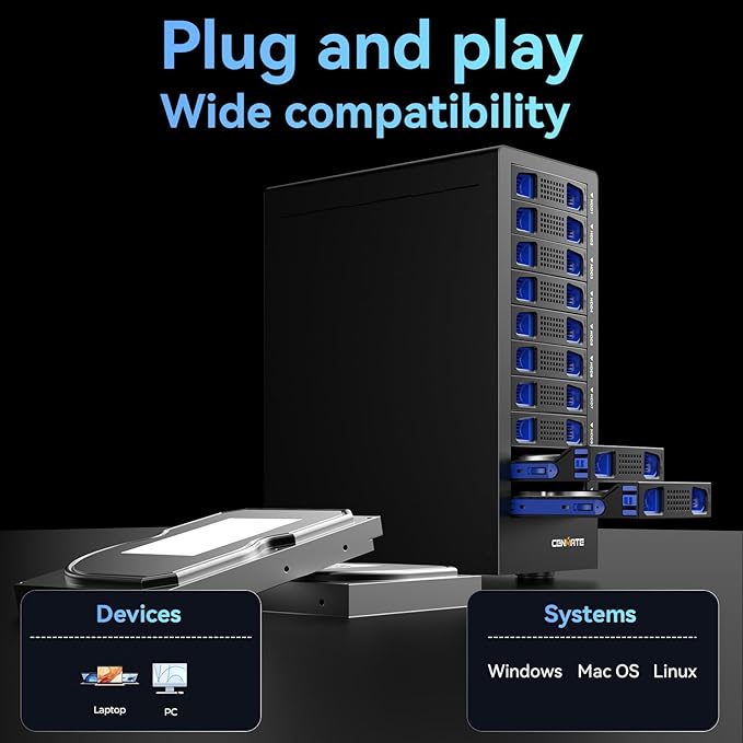 CENMATE Aluminum 10 Bay Hard Drive Enclosure with Cooling Fan for 2.5“/3.5" SATA HDD/SSD with USB A/C 3.0, Support Hot Swappable, Tool-Free HDD Enclosure, DAS(NO RAID/NAS)