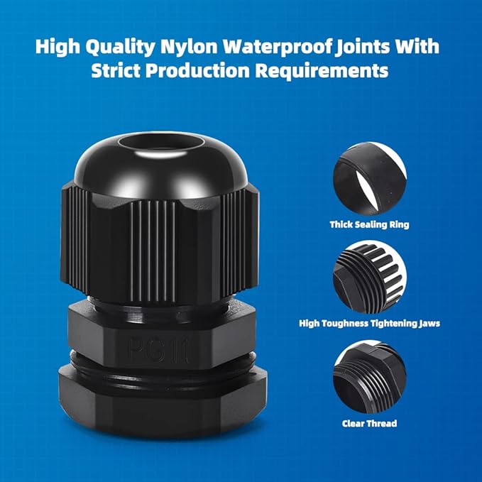 CGELE Cable Gland 20 Pack Plastic Waterproof Adjustable Connector 5-10mm PG11 Strain Relief Cord Connectors Joints Nylon with Gaskets