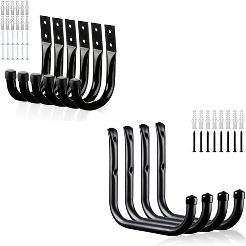 KURUI Heavy Duty Garage Hooks - 6Pcs 3.5" & 4Pcs 8" Ladder Hooks for Tools & Cables | Black Wall Mount