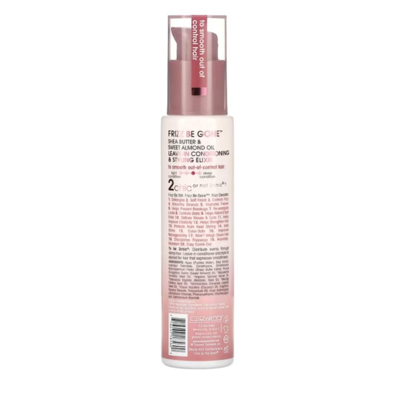 GIOVANNI 2chic Leave-In Conditioning Styling Elixir - Anti-Frizz Natural Hair Smoothing Formula with Shea Butter & Sweet Almond Oil, Macadamia, Detangler, Paraben Free, Color Safe Conditioner - 4 oz