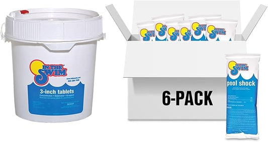 In The Swim Chlorine and Shock Bundle for Sanitizing Swimming Pools – Includes 10 Pound Bucket of 3 Inch Stabilized Chlorine Tablets and 6 x 1 Pound Bags of 68% Cal-Hypo Pool Shock