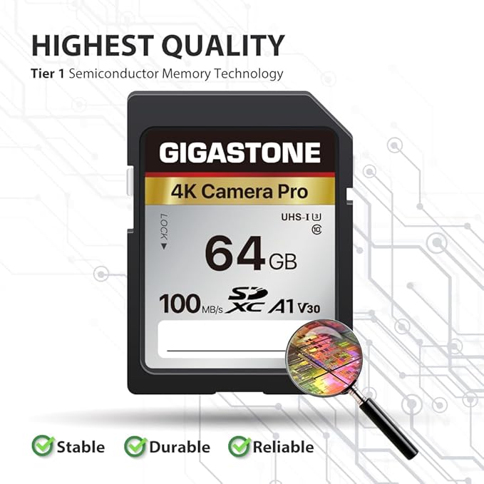 【5-Years Data Recovery】 GIGASTONE 64GB SD Card 2-Pack, 4K Camera Pro, UHS-I A1 V30 SDXC Memory Card 4K UHD Video Compatible with Digital Camera, with 2 Mini Cases