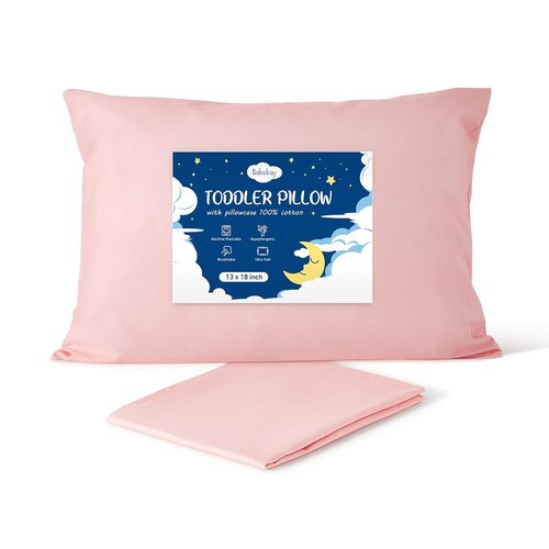 Babebay Toddler Pillow - Soft 13x18 Inch Sleeping Pillow with Cotton Case | Machine Washable (Pink)